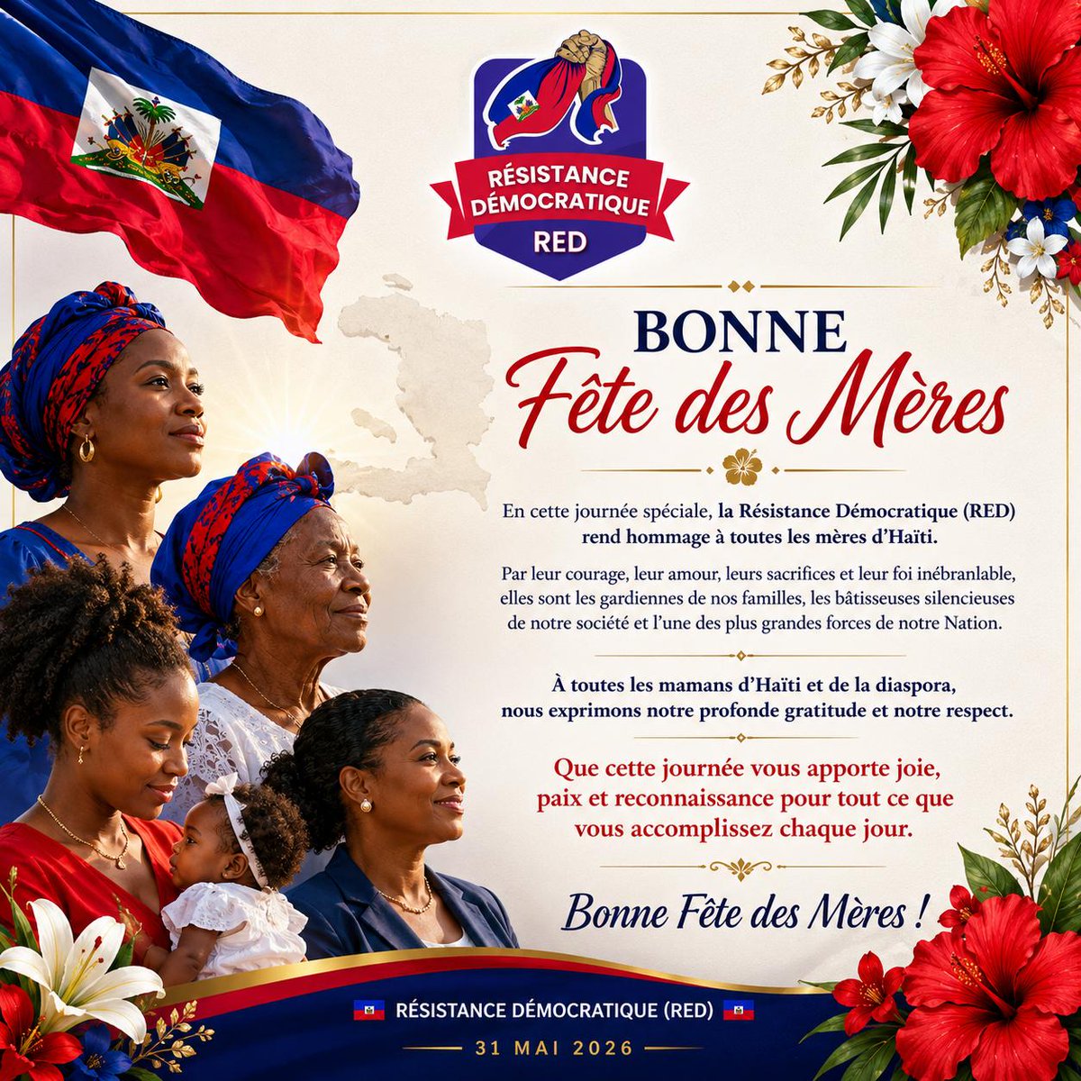 RED_Haiti's tweet photo. En cette Fête des Mères, hommage à toutes les femmes haïtiennes qui, par leur courage, leurs sacrifices et leur amour, portent nos familles et maintiennent vivante l’âme de notre Nation.
Bonne Fête des Mères à toutes les mamans d’Haïti et de la diaspora.
#FeteDesMeres #Haiti #RED https://t.co/wyV8RyjKHM