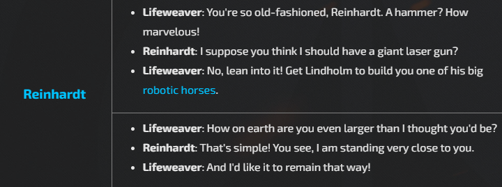 Symmillionaire's tweet photo. Lifeweaver has interactions with 31/50 of the heroes in Overwatch, and he only actually flirts with 5. Outside of Symmetra, Ashe, Baptiste, Reinhardt, and Hanzo (who outright rejects him), he has platonic interactions with everyone else https://t.co/khBXVJjtlk
