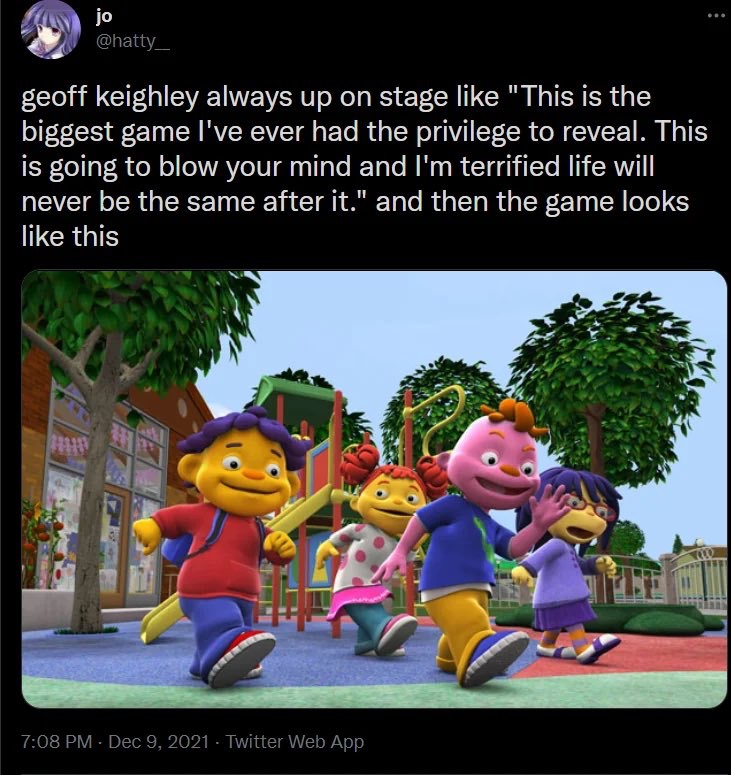 FeoUltima's tweet photo. There hasn't been a funny jab at Geoff Keighley and TGA/SGF since the Sid the Science Kid tweet in 2021 and frankly people should just stop trying. https://t.co/RRr5zNbFUn