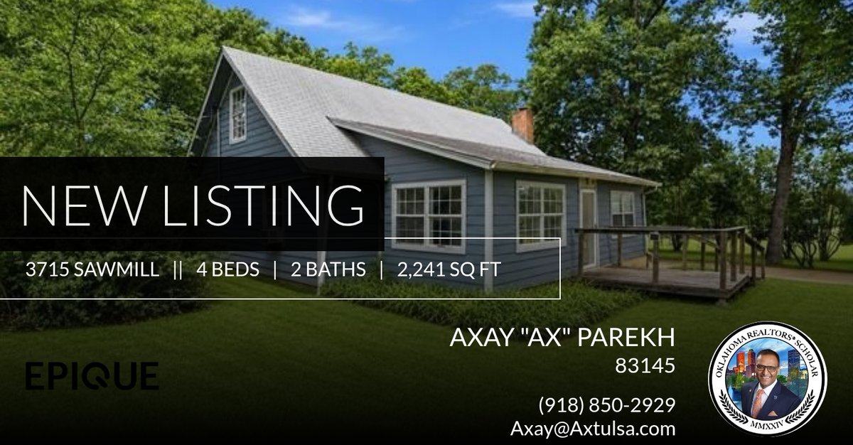 Axtulsa's tweet photo. 📍 New Listing 📍 Take a look at this fantastic new property that just hit the market located at 3715 Sawmill in Armstrong. Reach out here or at (918) 850-2929 for more information!

Listed by Clay Cecil

Ax Parekh
Your Local REALT... https://t.co/qsghhwSSPT https://t.co/qrQ2gBtUBP