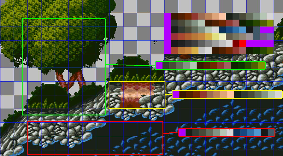 SokZaJelo's tweet photo. The expanded palette size of the SNES is not just about the raw amount of colors on screen.
The extra lines can also be used for different combinations of the same colors to bypass the 16-per-tile limit.
Stage elements can overlap and make the environment appear less blocky. https://t.co/tD2CIgxUBj