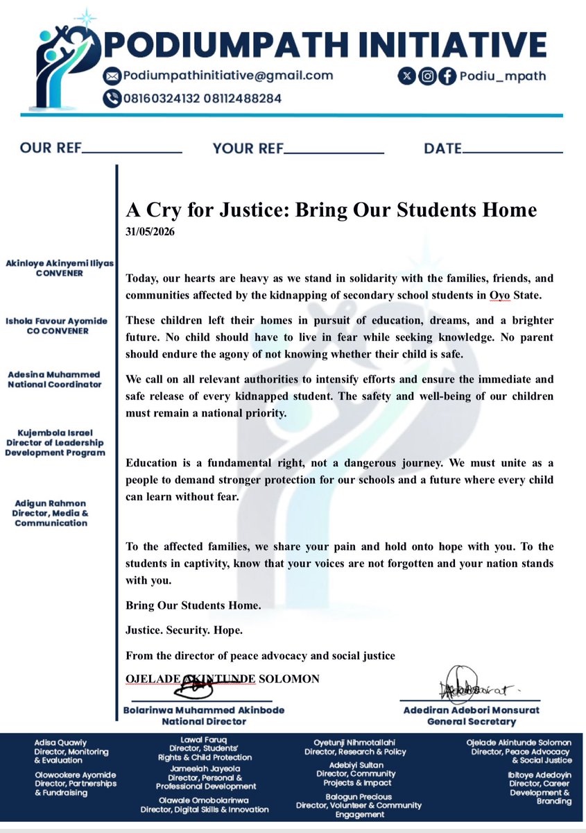 Podiu_mpath's tweet photo. We call on all relevant authorities to intensify efforts and ensure the immediate and safe release of every kidnapped student. The safety and well being of our children must remain a national priority.

Bring Our Students Home.
Justice. Security. Hope. https://t.co/LdtPE6WW7Y