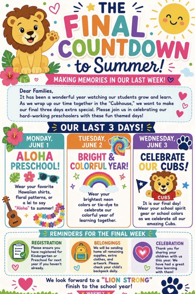BCPreK's tweet photo. ECA families, just a reminder of our last 3 days of school themes, starting with tomorrow’s Aloha/Hawaii day!👇🏻🦁🌺 🎉 https://t.co/Q1tkvnqH2J