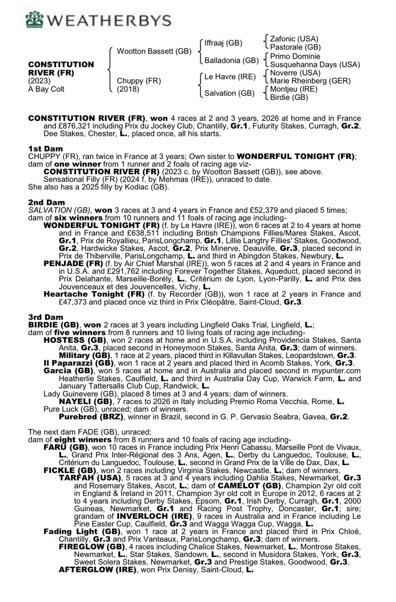 weatherbysltd's tweet photo. Constitution River led home a remarkable one-two-three in the Group 1 Qatar Prix du Jockey Club for Aidan O'Brien @fgchantilly.
Here are updated pedigrees for the first, second and third.

Constitution River and Hawk Mountain made it a one-two for Wootton Bassett.
The winning colt was bred by Lg Bloodstock out of Chuppy, a Le Havre sister to the outstanding Wonderful Tonight @ChrisWChrysalis . 

The colt was purchased by MV Magnier for €400,000 at the 2024 @InfoArqana August Yearling Sale where he was consigned by @HCadran.

Wootton Bassett’s progeny have now supplied back-to-back Prix du Jockey Club winners for the @Ballydoyle -@coolmorestud team.