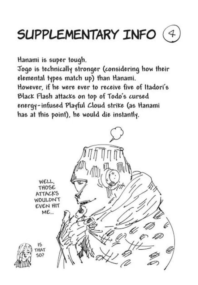 Mispeit's tweet photo. AND ANOTHER THING. GEGE STATED THAT IF JOGO TOOK THE PUNISHMENT HANAMI GOT,  HE WOULDVE DIED INSTANTLY. WE ARE TALKING ABOUT THE STRONGEST DISASTER CURSE, ONE OF THE STRONGEST CHARACTERS IN THE VERSE, AND FUCKING TOURNAMENT YUJI. DEATH BATTLE BE SO DEADASS. https://t.co/VI8IvB8yoe