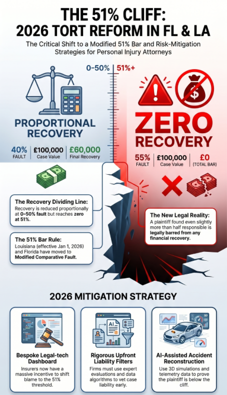 DemandCreate's tweet photo. The 51% Cliff: How 2026 Tort Reforms in FL &amp; LA Are Redefining Case Selection. 
The Trend: As of January 1, 2026, Louisiana has joined Florida in transitioning to a modified comparative fault system with a strict 51% bar rule. https://t.co/ancYmr10Ah