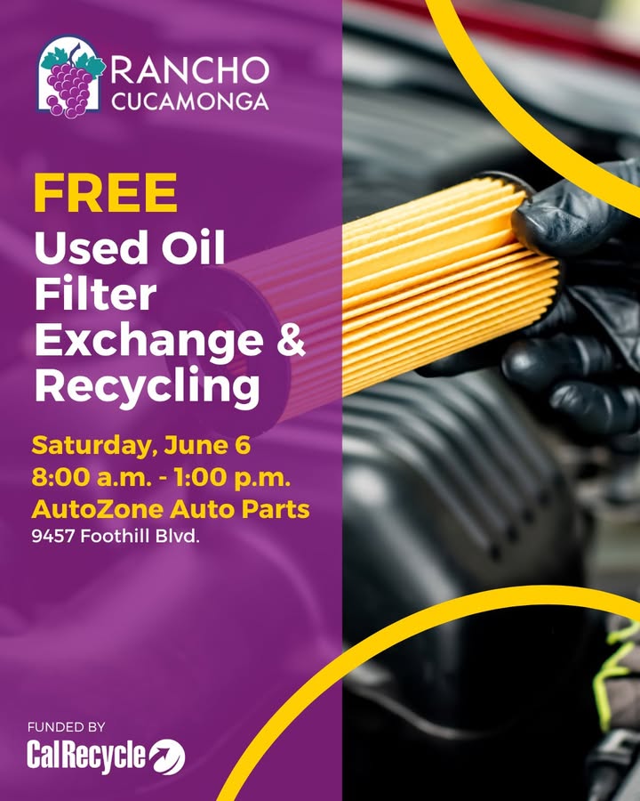 CityOfRC's tweet photo. Join us for a FREE Used Oil Filter Exchange and Recycling event, funded by CalRecycle, on June 6 from 8:00 a.m. - 1:00 p.m. at AutoZone Auto Parts (9457 Foothill Blvd.). 

Open to RC residents only, proof of residency is required.

For more info, please call 1-909-919-2635. https://t.co/iFEXjD2HkM