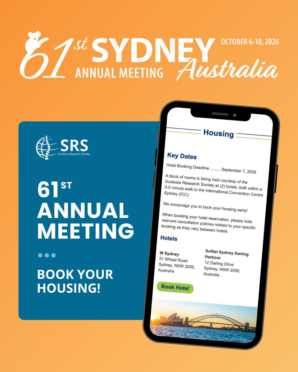 SRS_org's tweet photo. Are you planning to attend the next Annual Meeting? Book your travel and hotel early! The hotel booking deadline is September 7, 2026. #SRSAM26 #ScoliosisResearch #SpineSociety #SRSAnnualMeeting

Book: https://t.co/fj8Jyv9bnw https://t.co/6Zu4YlMn1C