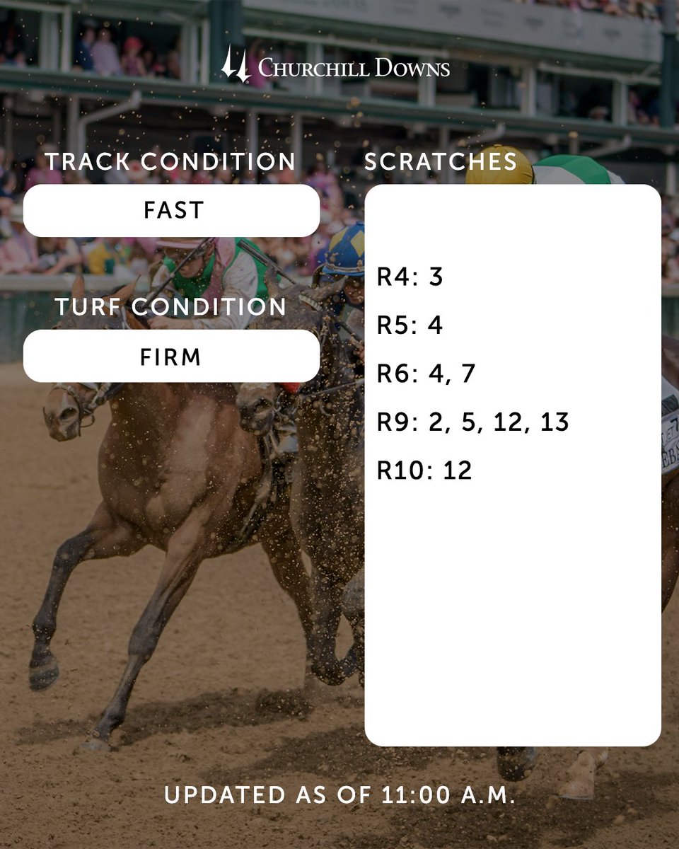 ChurchillDowns's tweet photo. Today’s early scratches for Sunday races at Churchill Downs 🐎 https://t.co/ylFZa3jv0Z