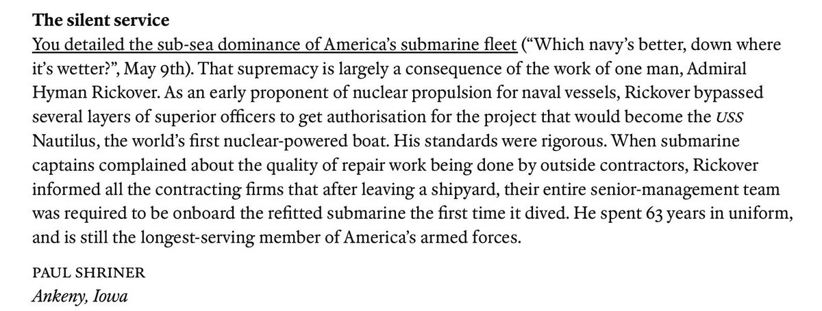Discoplomacy's tweet photo. “When submarine captains complained about the quality of work being done by outside contractors, Rickover informed all the contracting firms that after leaving a shipyard, their entire senior-management team was required to be onboard the refitted submarine the first time it dived.”