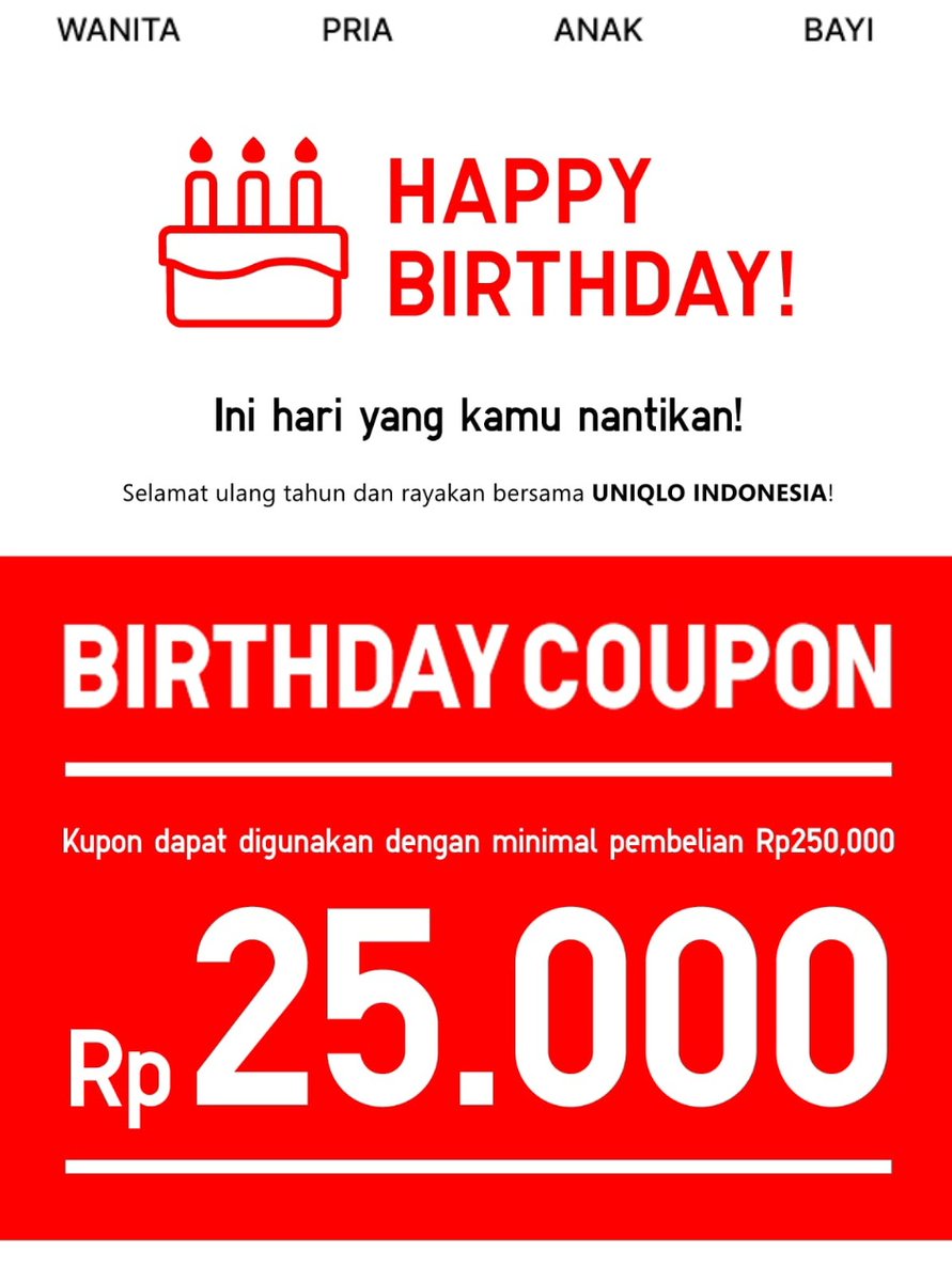 incipient25's tweet photo. birthday treat uniqlo

birthday coupon idr 25ribu (minimal pembelian idr 250ribu)

coupon di dapat di applikasi
berlaku sampai akhir bulan ulang tahun https://t.co/uEPdRBMKHG