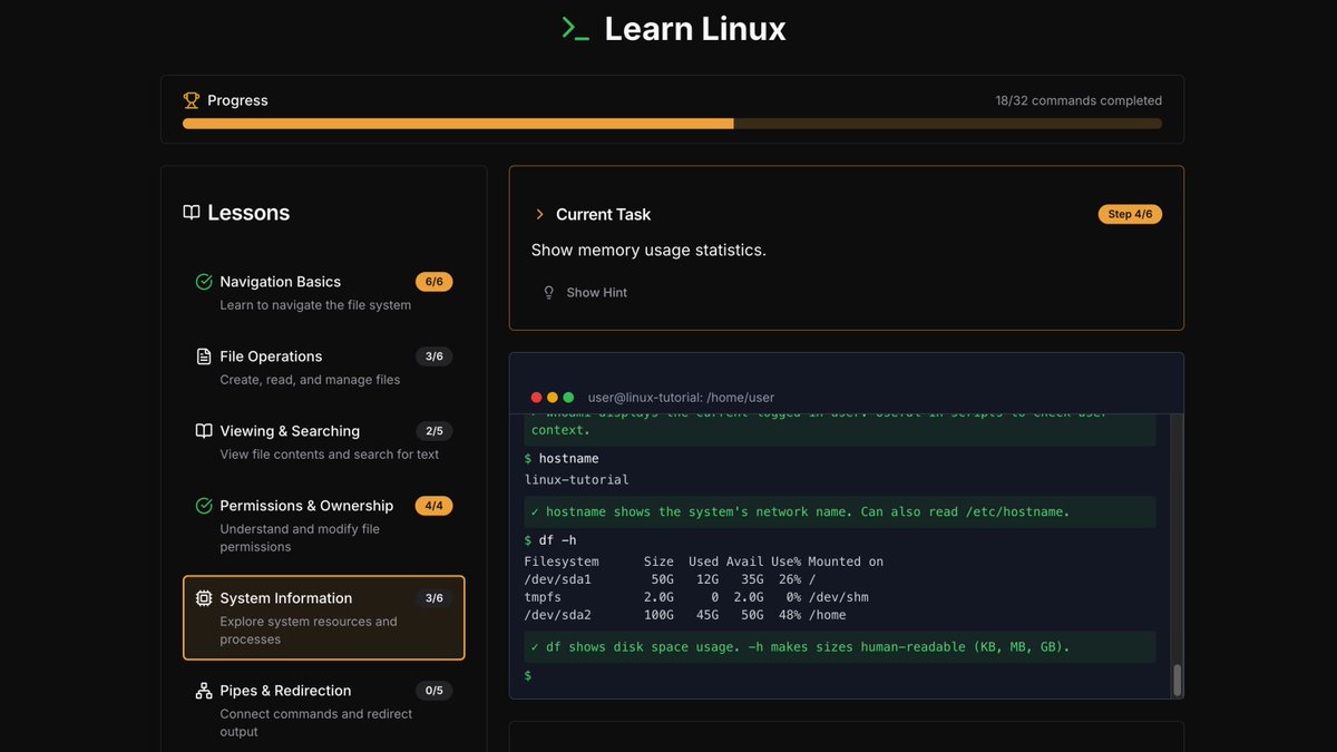 midudev's tweet photo. Domina los comandos esenciales de Linux en la terminal con lecciones interactivas

Practica pwd, ls, cd, cat, grep, chmod, pipes y mucho más con 6 lecciones progresivas.

Es gratuito:
→ https://t.co/PIWSkfrSUS https://t.co/Uvu9rT5tst