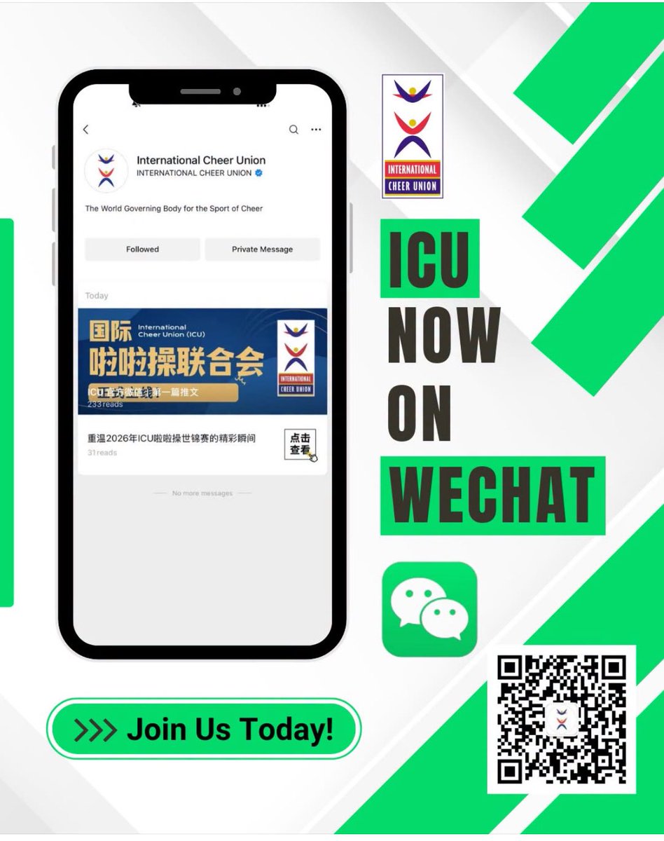 ICUcheer's tweet photo. 📣 We are excited to announce that the ICU is officially on WeChat! 📱✨

Join us on WeChat today in 2 unique ways!

1.  Scan the QR code below or search “International Cheer Union” to follow

2. Search  “intcheerunion” to follow our WeChat Channel for short videos &amp; reels 🎥 https://t.co/Moqm4sGi7k