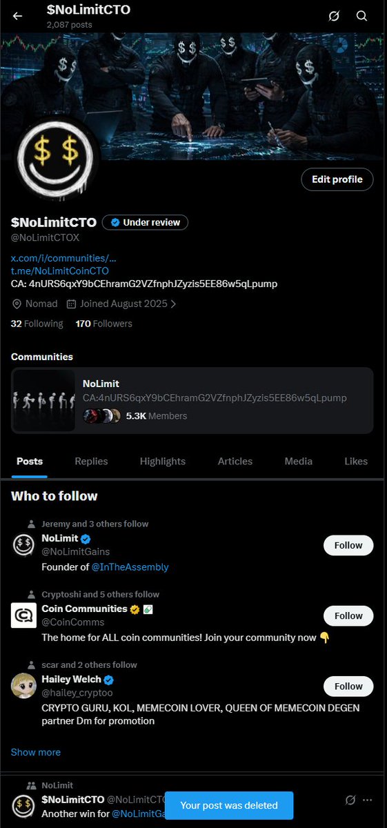 SolBRTHD's tweet photo. We are going to create an community account and an Telegram channel just for the coin  

We just need to delete old posts, wait for verification and add a few raiding bots and stuff to the tg

$NoLimit https://t.co/gXHAUiCf6N