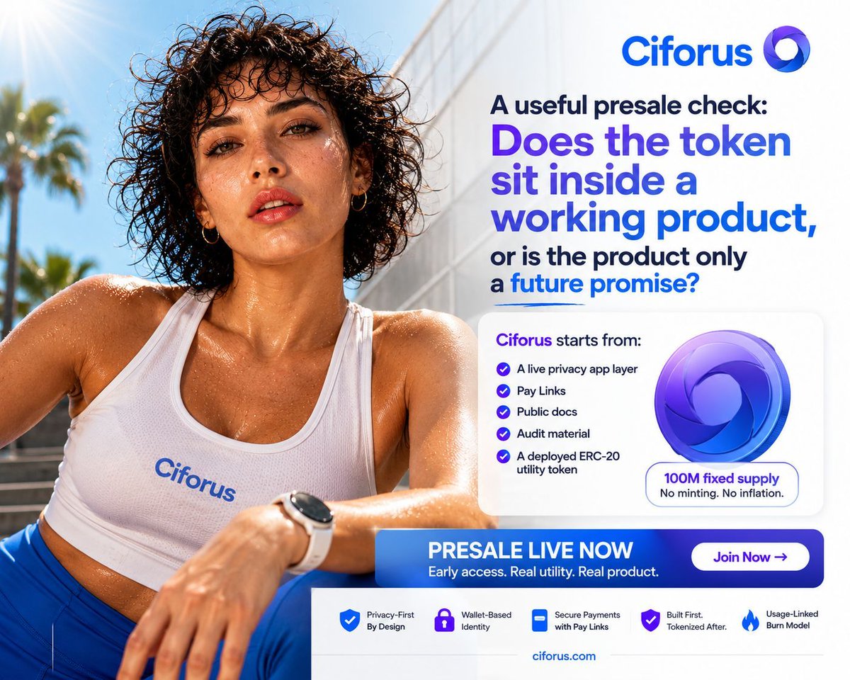 CiforusHQ's tweet photo. A useful presale check: does the token sit inside a working product, or is the product only a future promise?
Ciforus starts from a live privacy app layer, Pay Links, public docs, audit material, and a deployed ERC-20 utility token. #CIFORUS #Web3 #presale #ICO https://t.co/mqOo5IYnHM