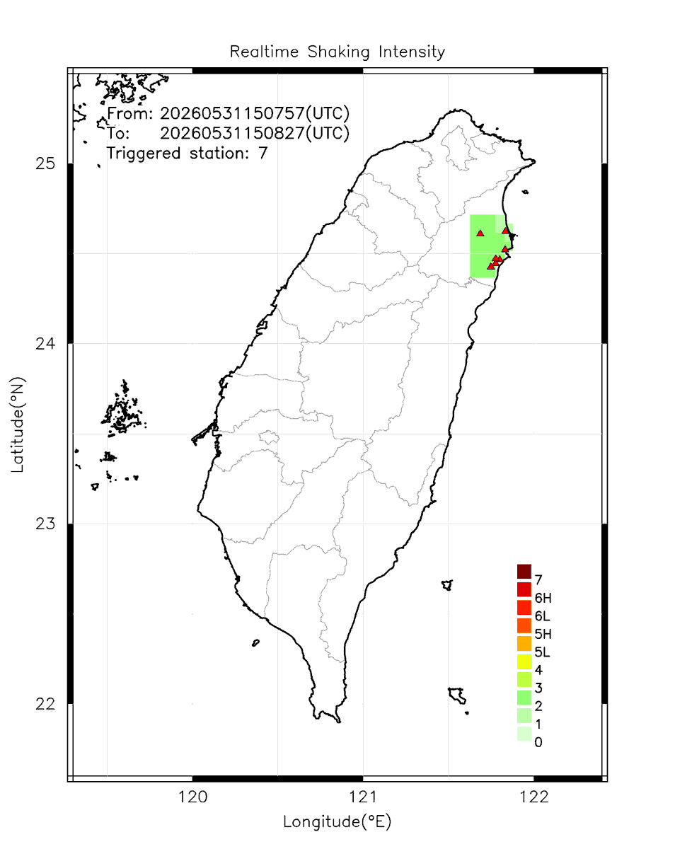 eew_p's tweet photo. Automatically Plotted Shakemaps:
* 2026-05-31 23:08:27 (UTC+08:00, Taipei)
* Evt. 20260531230757, 30s after trig.
* Total 7 triggered stations

Note: These shakemaps are not yet confirmed, for reference only!
#地震 #台灣 #earthquake #Taiwan https://t.co/ECw153eN0i