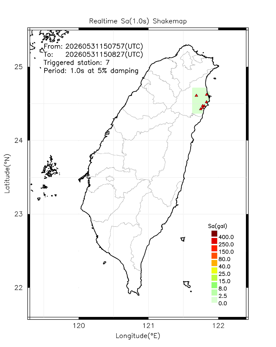 eew_p's tweet photo. Automatically Plotted Shakemaps:
* 2026-05-31 23:08:27 (UTC+08:00, Taipei)
* Evt. 20260531230757, 30s after trig.
* Total 7 triggered stations

Note: These shakemaps are not yet confirmed, for reference only!
#地震 #台灣 #earthquake #Taiwan https://t.co/ECw153eN0i