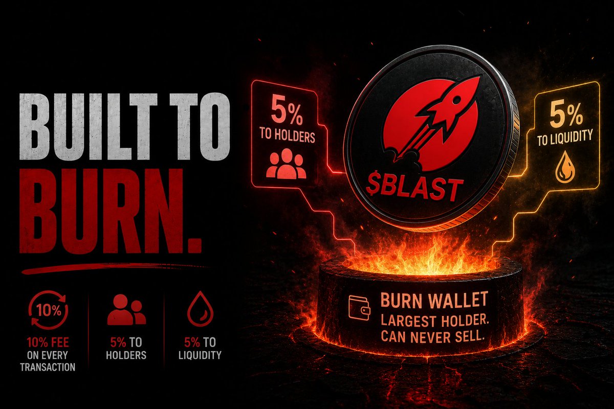 SafeBLASTarmy's tweet photo. "Deflationary" tokens burn supply when the team decides to. $BLAST works differently! 

Every transaction on BNB Chain takes a 10% fee:
→ 5% goes to holders
→ 5% goes to liquidity

The largest holder is the burn wallet 👛

Every reward distribution sends the biggest share to an address that can never sell, spend, or move the tokens.