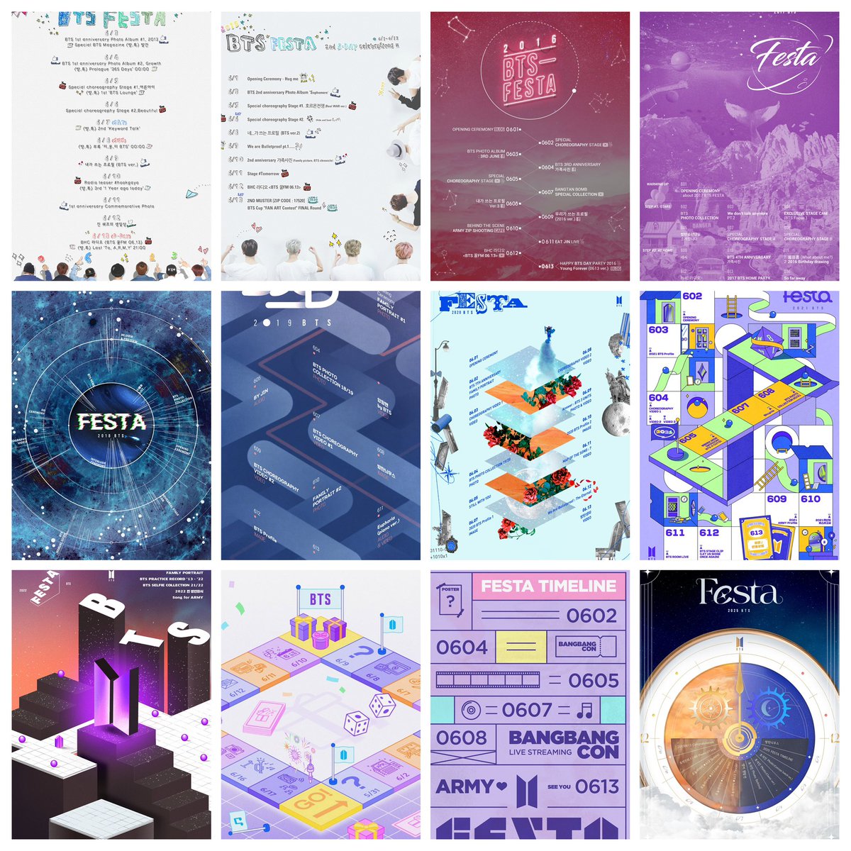 JUNG9795_'s tweet photo. 🎉BTS FESTA POSTER FROM 2014-2026🎉

kalo boleh tauuu, ini festa kalian yg ke berapa guys?? 🥹
me: 11 🤍

#BTS #방탄소년단
#2026BTSFESTA
#BTS13thAnniversary https://t.co/KDqE8KHsFA