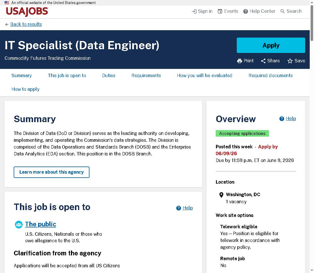 VetsITGuide's tweet photo. Veteran-Friendly IT Opportunity!

USAJobs: IT Specialist (Data Engineer)
USAJobs is hiring for an IT Specialist (Data Engineer)

Job Link: https://t.co/KwzoMRSMYe

Visit https://t.co/4bYcgPvumO to prepare for this job

#VetsITGuide #DataEngineer https://t.co/0nn8BReD7v