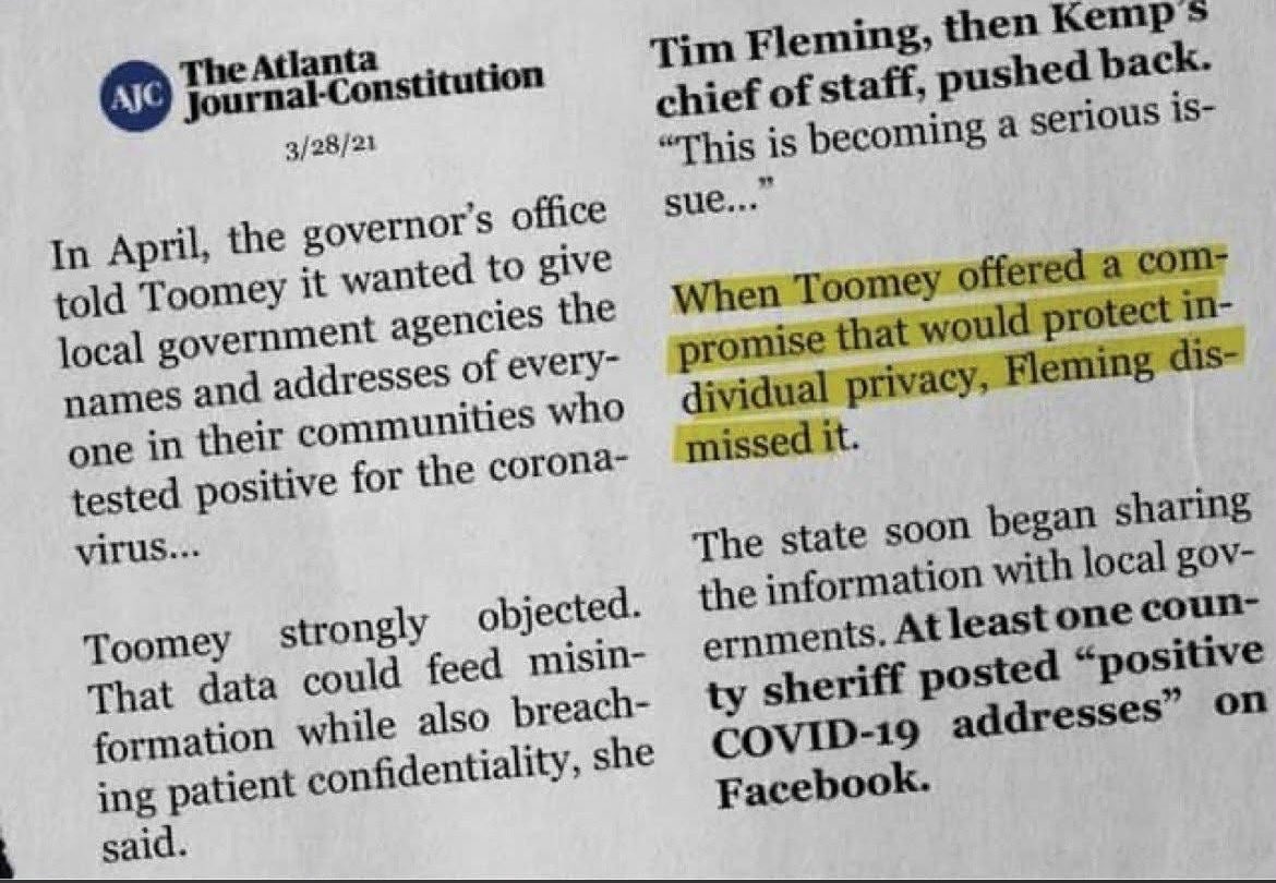 DogeGeorgia's tweet photo. From Donna Phillips via Facebook regarding Secretary of State candidate Tim Fleming.

FOR THOSE WHO HAVE TRIED TO SHARE TRUTH AND HAVE BEEN ATTACKED... Here is The Real Truth for all to read.  "Toomey in the 3/28/21 AJC Article refers to Dr. Kathleen Toomey.  Governor Brian Kemp appointed Dr. Toomey to Commissioner of Georgia Public Health during Covid.  It appears Tim Fleming was "warned" by Commissioner Dr. Kathleen Toomey regarding Tim's Database development and desire to release The Georgia Covid Vaccinated and Unvaccinated Lists"   to public entities throughout Georgia.  It appears the AJC article was printed after Tim Fleming was forced to resign from his Chief of Staff position for using Taxpayer Funds to make homemade masks and sold them back to Georgia.  No Georgian was ever aware of any of this happening.  It's been labeled as "The Best Kept Secret".

For several years, anyone who questioned and/or said anything about Tim Fleming's actions was verbally attacked by those who surround Tim.  Did those people even bother to ask Tim and/or Research for themselves?  I understand numerous people who shared the List Truth were flogged by nasty comments?  "I have personally read a few. I have been told, "some has searched AI for Truth.   AI can't deny or confirm so people believe it never happened. The Cover Up is just as bad as Tim's Actions.

Is this WHY Tim has dodged SoS Debates and Events?  Is it because the Votes are in the bag for Tim due to Tim's involvement with overseeing the Dominion Voting Machines?  Is this WHY Tim feels he doesn't need to answer questions and explain to the Georgia Voter's?  I want to know "Why"?  I never authorized Tim and/or anyone to gather my private information to distribute to anyone!

I want Georgians to understand what is at stake on June 16th, 2026!  The more I find out about a man who lives down the street from me, the more disappointed I am.  I am not a "Little Person" Tim.  I  am a Patriot who loves Georgia and I have seen more lies and corrupt politics in the last years than I ever dreamed existed.  Unfortunately, you are not the only Polititian who has flaws.  You have tried to cover yours well.  

Georgia and Georgian's deserves so much Better than what we have experienced.  Not sure about other Georgian's but Georgia needs a thorough cleaning from top to bottom.

https://t.co/tWbDV5i1FJ

@GaRepublicans @VernonForGA @MadLiberals @Rustycanno3010 @DaleRussellATL @R_A_Belcher @EmeraldRobinson @lsferguson