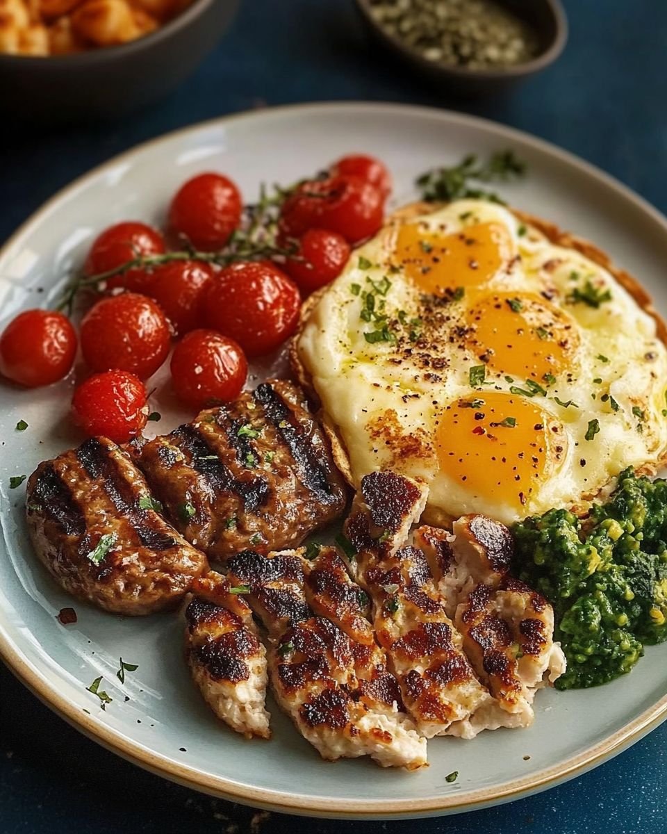 NThanh86518's tweet photo. A breakfast meal rich in protein!
✨Ingredients: 
• 4 large eggs 
• 1/4 cup buttermilk 
• Fresh herbs (chives or parsley), chopped, to taste 
• 2 tablespoons ghee
• 2 avocados, diced 
• 1 cup cherry tomatoes, halved 
• 2 cups sautéed kale leaves 
• 1 cup button mushrooms, sliced 
• 1 tablespoon avocado oil 
• 4 slices sprouted grain bread
• 1 tablespoon cream cheese, softened 
• 4 chicken apple sausages 
• 1 cup non-fat Greek yogurt 
• 1/4 cup sliced peaches 
• 1 tablespoon maple syrup, optional.