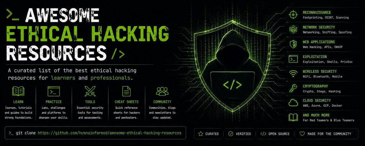 0xfrost's tweet photo. 📌 Awesome Resources For Learning Ethical Hacking &amp; Pentesting

🔗Link: https://t.co/Y7FbK0fuVj

Credit: Husnain Fareed

🔗Link: https://t.co/FRW7Z2oJT9 https://t.co/eH7Sru3jkL