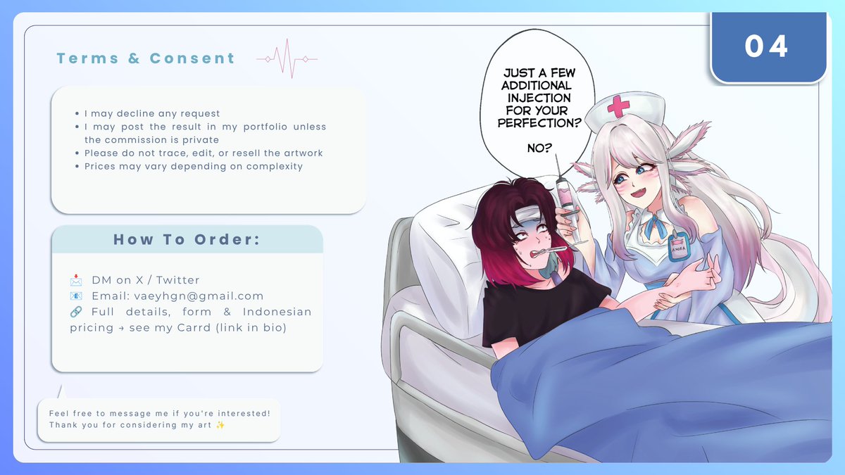 vaeyhgn's tweet photo. Warning: untreated OCs may experience low serotonin.
Vaey no Clinic is now open 🩺
.
.
#CommissionOpen #ArtCommission #VTuberArt https://t.co/8Tk3X3BoF2