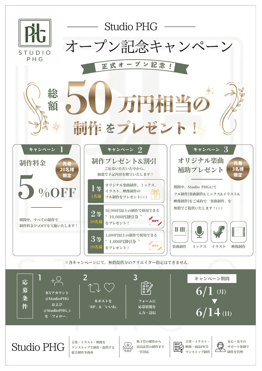 StudioPHG's tweet photo. 【オープン記念キャンペーン】
正式オープンを記念して、50万円相当の特大プレゼント&割引企画を行います！

◎特大キャンペーン①
すべての制作で5%OFF……先着20名様限定

◎特大キャンペーン②
楽曲&割引券プレゼント（要応募）
-1等：フル制作プレゼント[楽曲制作/ミックス/イラスト/映像制作]……1名様
-2等：50,000円以上で使える10,000円割引券プレゼント……10名様
-3等：5,000円以上で使える1,000円割引券プレゼント……10名様

◎特大キャンペーン③
フル制作[楽曲制作/ミックス/イラスト/映像制作]のご依頼で
楽曲制作を無償提供……先着3名様限定

◎応募条件
1. @StudioPHG および @StudioPHG_t をフォロー
2. 本ポストを「RP」&「いいね」
3. (キャンペーン2のみ)下記フォームに応募情報を入力&送信

◎キャンペーン期間
6/1(月)~6/14(日)

◎応募フォーム
https://t.co/v0ORsduVV3