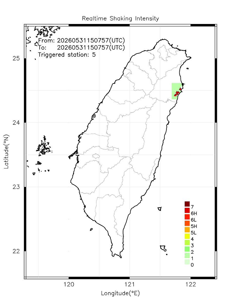 eew_p's tweet photo. Automatically Plotted Shakemaps:
* 2026-05-31 23:07:57 (UTC+08:00, Taipei)
* Evt. 20260531230757, First Report.
* Total 5 triggered stations

Note: These shakemaps are not yet confirmed, for reference only!
#地震 #台灣 #earthquake #Taiwan https://t.co/grv5pg7F3n