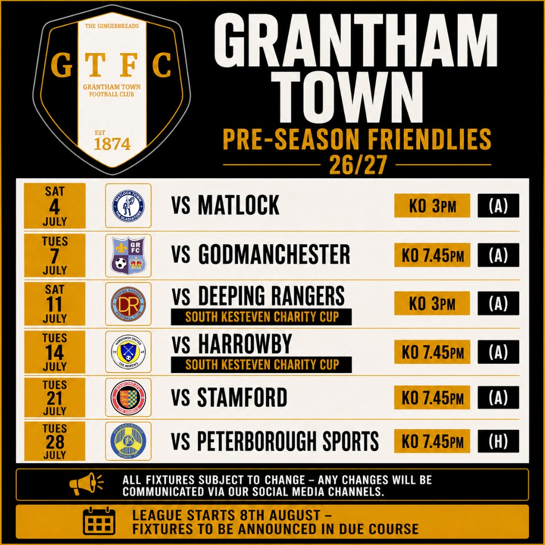 granthamtownfc's tweet photo. 𝗣𝗥𝗘-𝗦𝗘𝗔𝗦𝗢𝗡 𝗙𝗥𝗜𝗘𝗡𝗗𝗟𝗜𝗘𝗦 𝟮𝟲/𝟮𝟳 ⚽

Our July pre-season schedule is locked in! 🖤🤍 https://t.co/NqYILbO32d