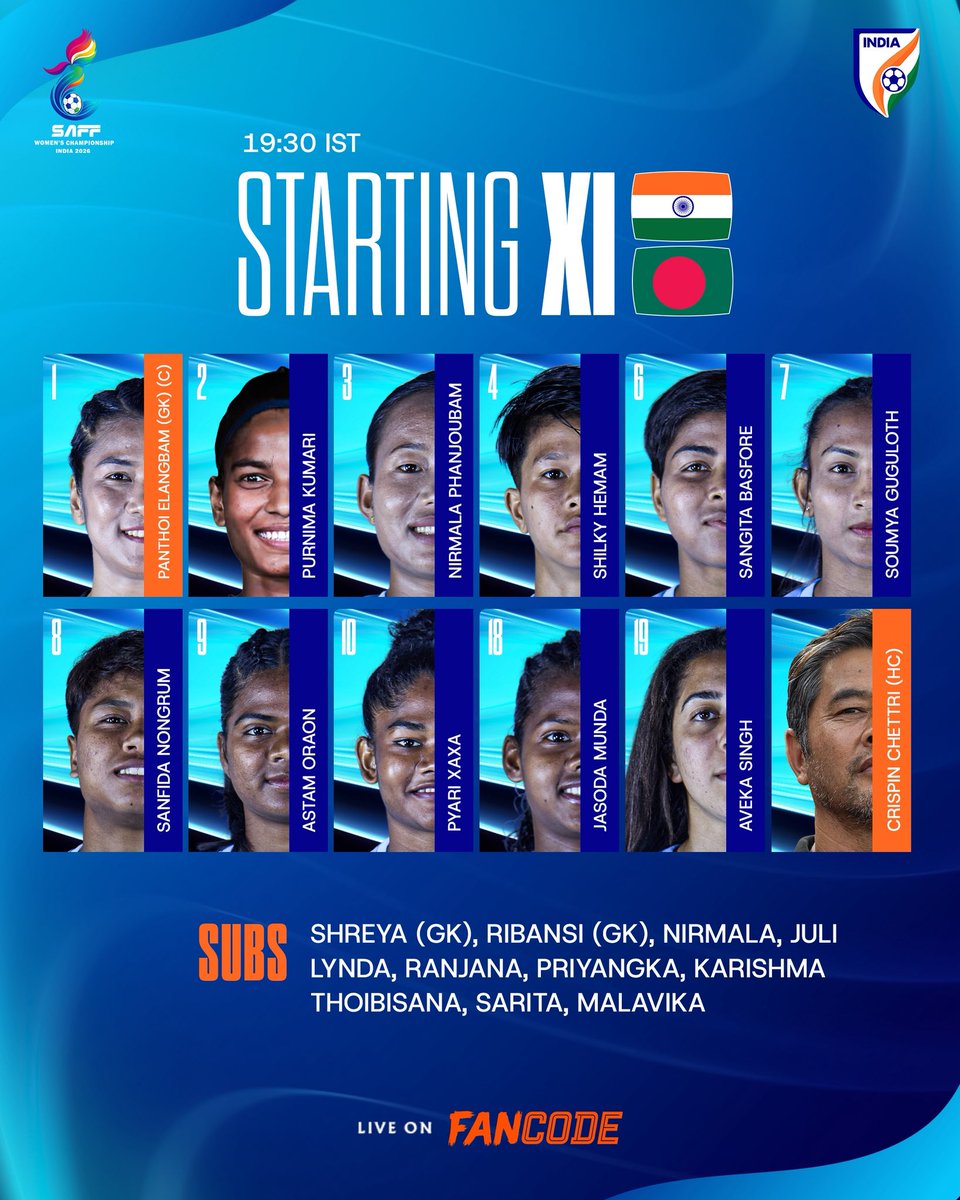 indiafemmefooty's tweet photo. #MatchdayLineups #Matchday2 #INDBAN #SAFFWomens2026 Another defensive overhaul. Purnima paired with Shilky. Astam and Nirmala return. Priyangka makes way for Sanfida. https://t.co/ACXkKzwzRg