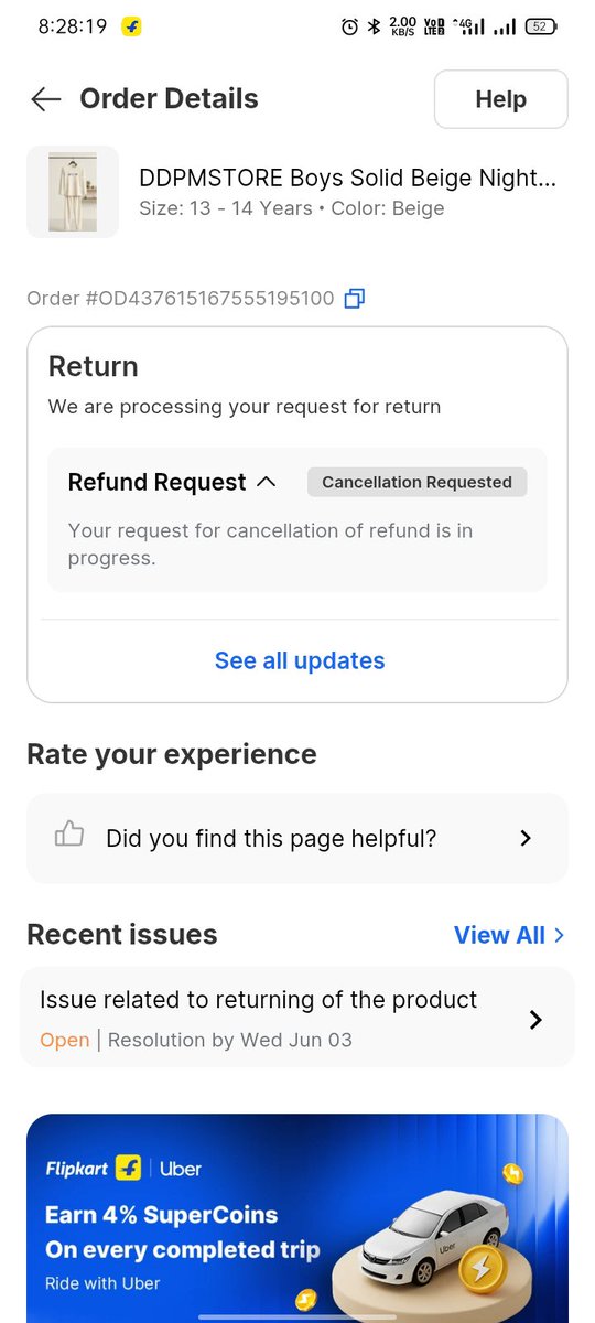 X_amitkumar1's tweet photo. Received the wrong item and the size doesn't fit. As advised by the pickup agent, I canceled my return request to create a new one, but the cancellation is still pending even after 48 hours. My return window may expire. Please help. @flipkartsupport @Flipkart https://t.co/Qd8aHEYw8H