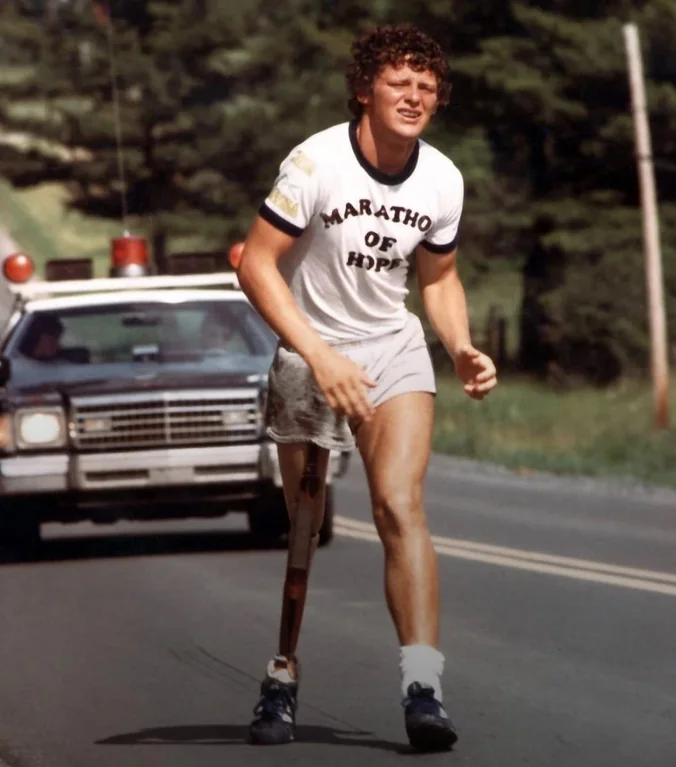 Rainmaker1973's tweet photo. In 1980, after losing a leg to bone cancer, Terry Fox set out to raise money for cancer research by running across Canada. Using a prosthetic leg, he covered over 3,300 miles in 143 days, averaging about 26 miles a day. He was forced to stop when the cancer spread to his lungs and passed away in June.