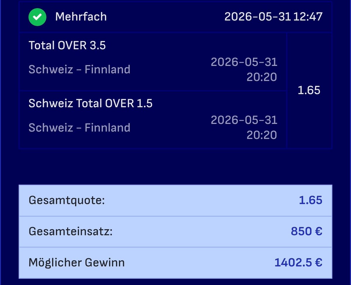 ErlesPowerplay's tweet photo. IIHF World Championchip Final

Switzerland vs. Finland

Total o. 3.5 goals
Swiss team o.1.5 goals
@1.65q https://t.co/IzwdV2U9oQ