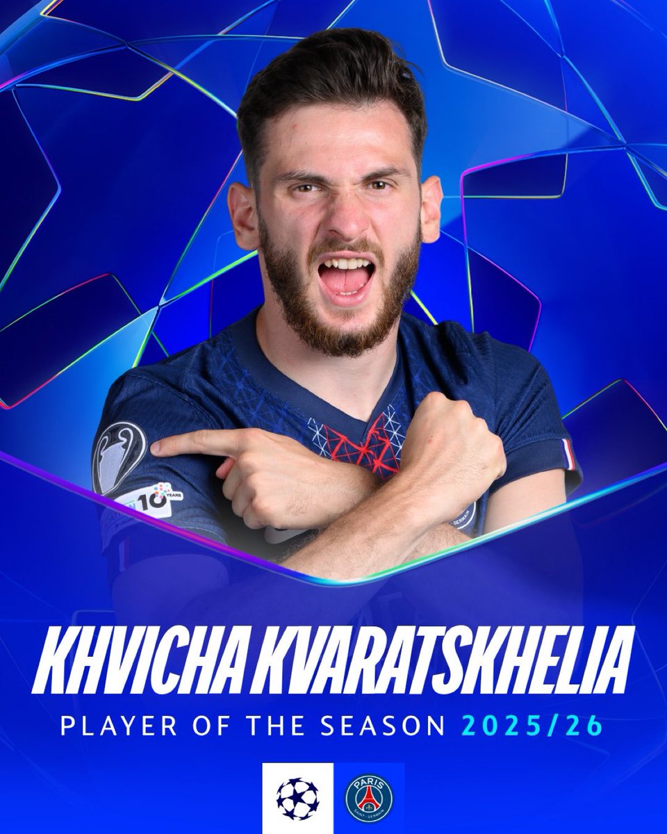 PSG_Report's tweet photo. 𝐎𝐅𝐅𝐈𝐂𝐈𝐀𝐋 | Khvicha Kvaratskhelia is elected the 2025/26 UEFA Champions League Player of the Season. ❤️💙✨

Congratulations, Kvara 🇬🇪👏🏼 https://t.co/sZ2VPppgN6
