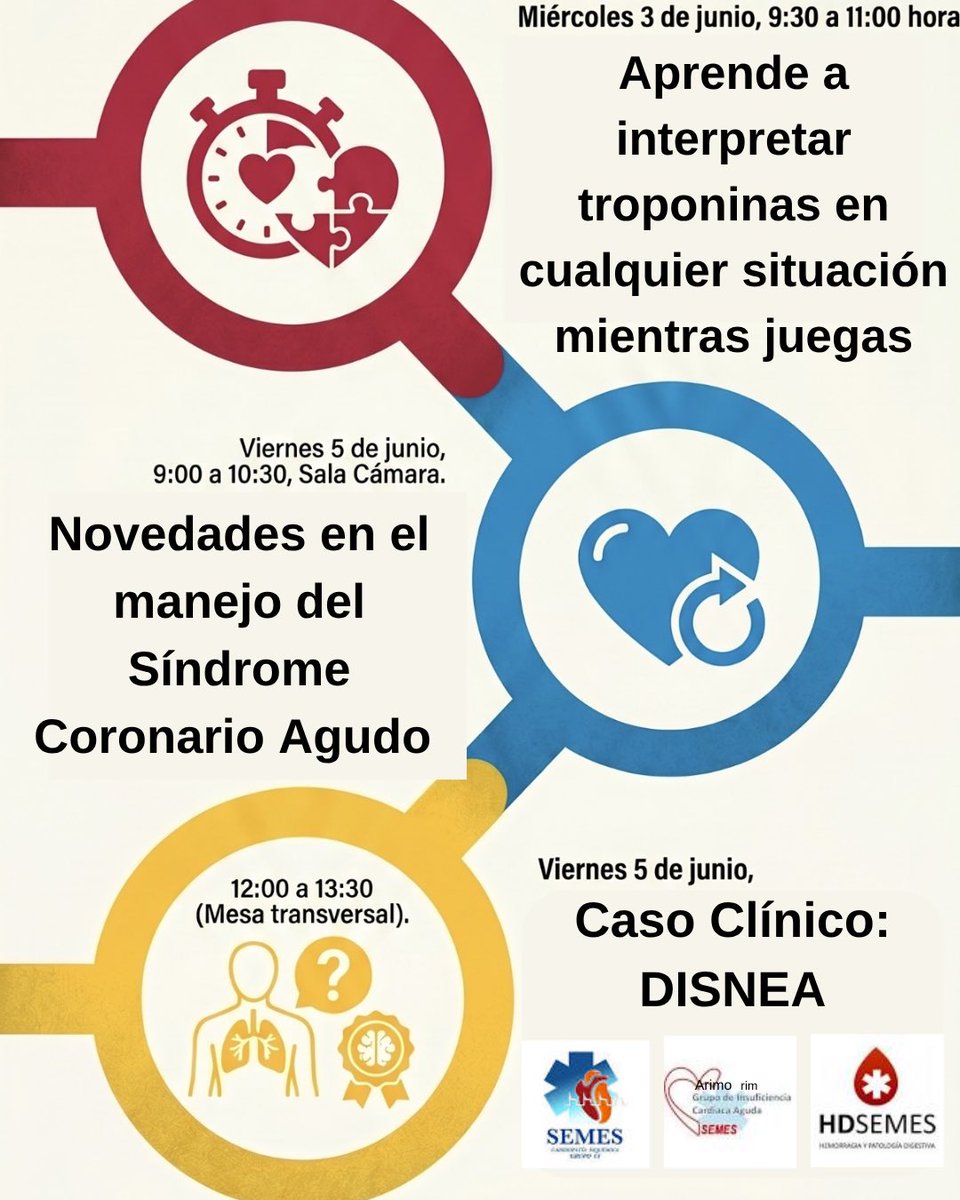 Card_Isq_SEMES's tweet photo. 📢 El miércoles arranca el 36 Congreso de SEMES y el Grupo de Cardiopatía Isquémica llega con talleres, mesas y mucha actualización en síndrome coronario agudo ❤️🩺

¡Nos vemos en #SEMES2026!

 #Urgencias @SEMES_ https://t.co/krhh2Xl2xw