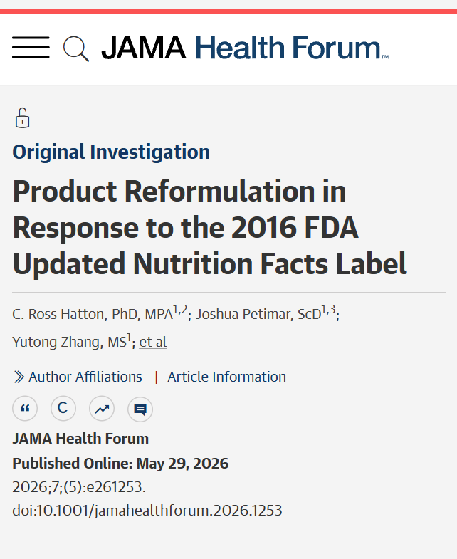 JAMAHealthForum's tweet photo. Revision of the Nutrition Facts label did not substantively alter the nutritional profile of US packaged foods, indicating that stronger interventions—such as front-of-package labels—may be needed to improve population nutrition. https://t.co/JJwvNa9jXI https://t.co/yRQNLOX5zy