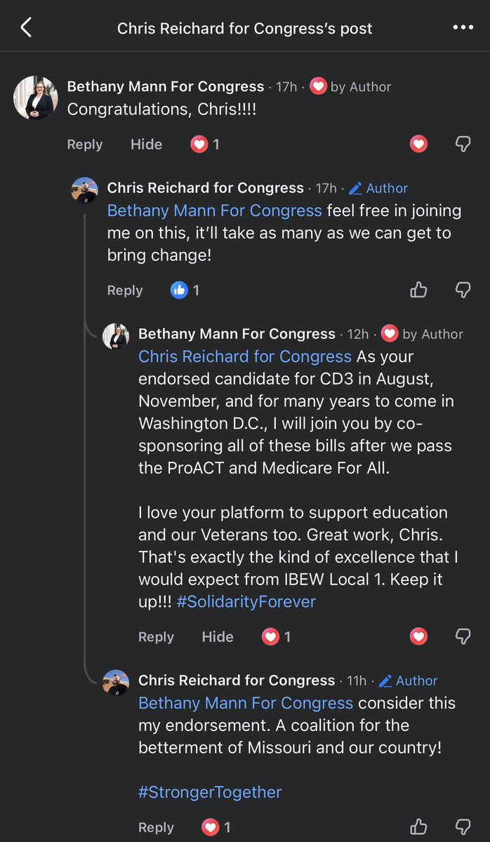 reichard4rep's tweet photo. 2 days ago I shared a list of bills in Congress that would improve our education system.

What I didn’t expect was to start coalition building with @Mann4Congress for MO-03.

We’re pulling together for labor, healthcare, education &amp; veterans.

#StrongerTogether #SolidarityForever https://t.co/6j69C72Sdj