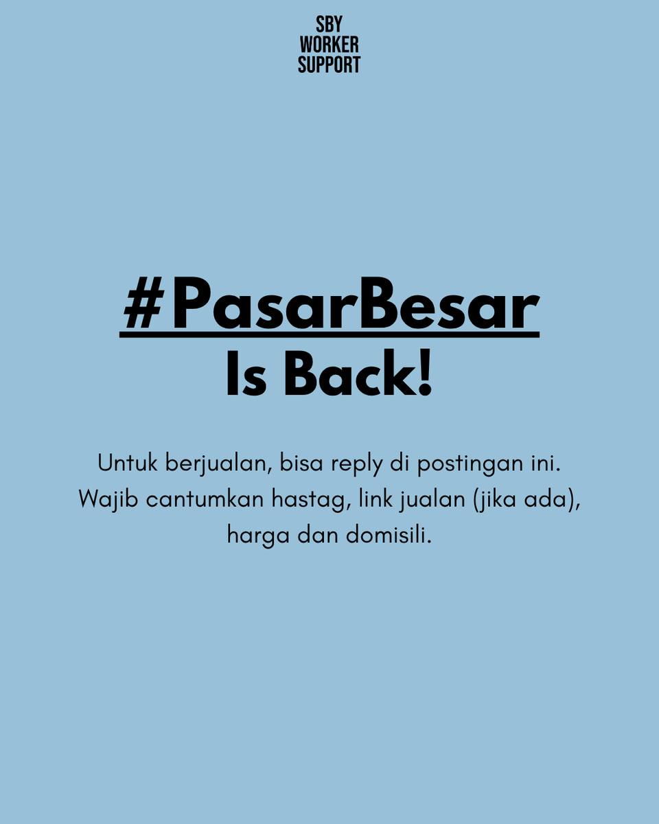 sby_workerspt's tweet photo. Sudah memasuki awal bulan, saatnya wadah #PasarBesar kembali!
Bagi kalian yang mau jualan barang-barang yang kalian punya, feel free buat reply di postingan ini yaa!
Wajib cantumkan hastag, harga dan domisili demi kenyamanan bersama π https://t.co/YAvUvAzQ0y