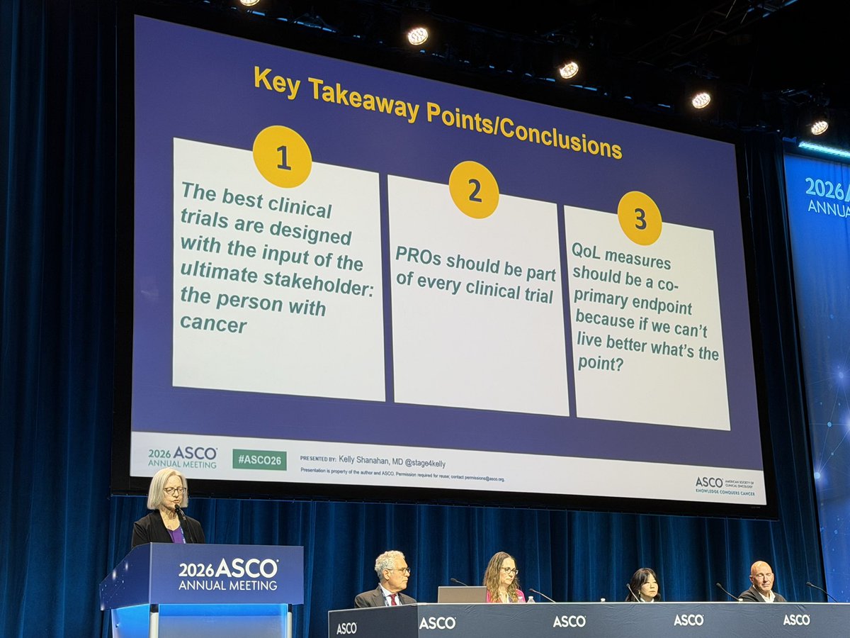 TanjaSpanic's tweet photo. Patients are the ultimate stakeholders in cancer research. Key takeaway from @stage4kelly at #ASCO26: every clinical trial should include patient-reported outcomes and quality of life measures. The best clinical trials are designed with patients and include PROs

@OncoAlert https://t.co/DyfZJoMEQW