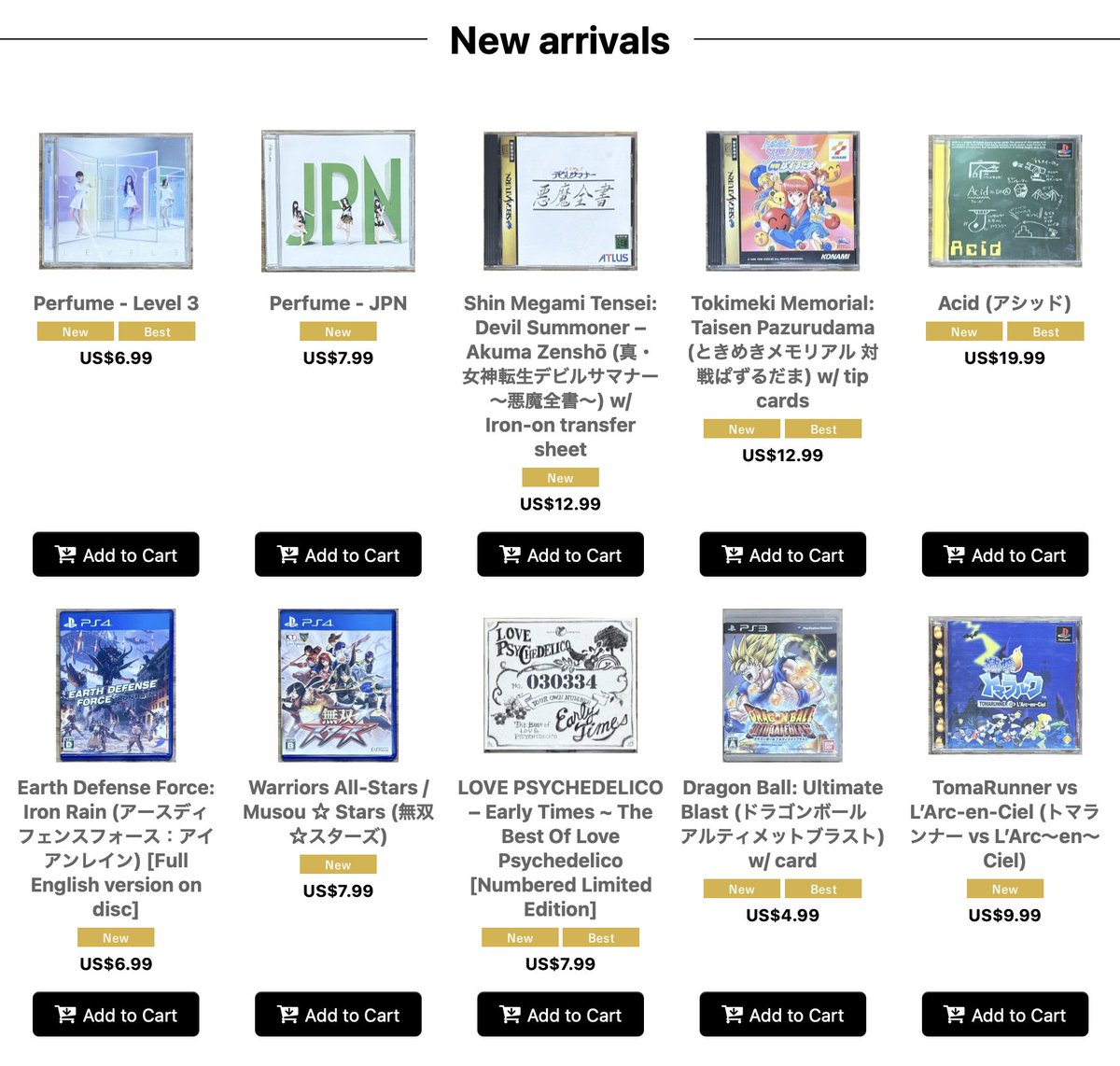 JpnRetroDirect's tweet photo. Nearly every listing today is brand new to the site. So you might find some games or tunes you haven't seen before. 2 great Perfume albums, a must-have limited edition LOVE PSYCHEDELICO CD.  Oddities Acid and TomaRunner vs L’Arc‑en‑Ciel. And more!

Site: https://t.co/mknsfI8FKu https://t.co/0y0mzVWZBC