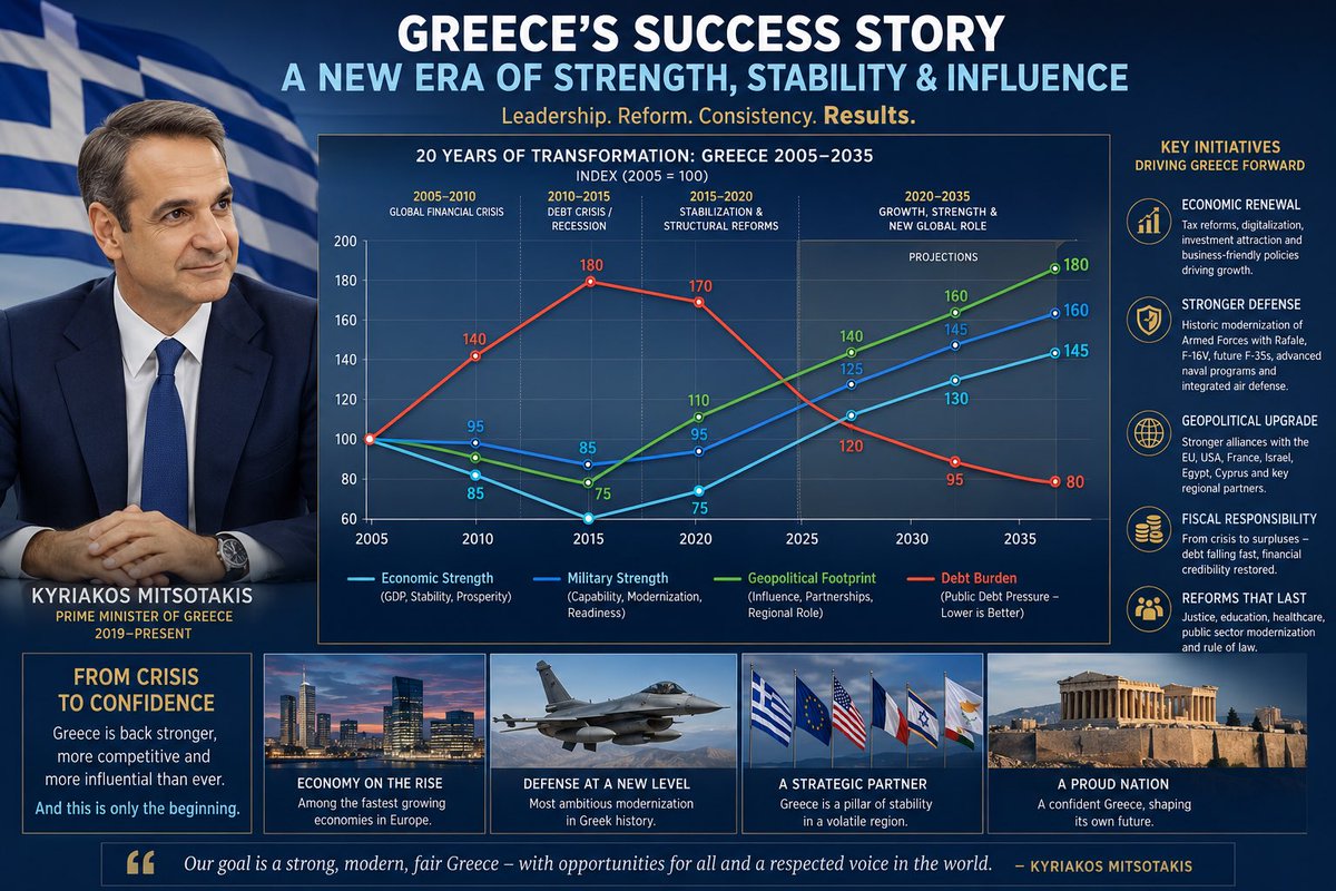 Europhil2000's tweet photo. 🇬🇷 «Η καλύτερη Ελλάδα των τελευταίων δεκαετιών ίσως να μην είναι πίσω μας. Ίσως να είναι μπροστά μας.»

Θυμάστε όταν η Ελλάδα χαρακτηριζόταν ο «μεγάλος ασθενής της Ευρώπης»;

Κοιτάξτε την σήμερα.

📉 Το δημόσιο χρέος μειώνεται
📈 Η οικονομία αναπτύσσεται ταχύτερα από πολλές ευρωπαϊκές χώρες
💼 Οι επενδύσεις επιστρέφουν
🛡️ Οι Ένοπλες Δυνάμεις εκσυγχρονίζονται με ρυθμούς που δεν έχουμε ξαναδεί
🌍 Η γεωπολιτική επιρροή της χώρας ενισχύεται συνεχώς

Για πρώτη φορά μετά από δεκαετίες, η οικονομία, η άμυνα και η διεθνής θέση της Ελλάδας κινούνται προς την ίδια κατεύθυνση.

Από την κρίση στην ανάκαμψη.
Από την αβεβαιότητα στην αυτοπεποίθηση.
Από την επιβίωση στη φιλοδοξία.

Η κρίση ήταν ένα κεφάλαιο της ιστορίας. 

Δεν είναι το μέλλον.

🇬🇷 Η Ελλάδα σηκώνεται ξανά. Και το καλύτερο ίσως να είναι ακόμη μπροστά μας.

#Ελλάδα #Μητσοτάκης #Οικονομία #Ανάπτυξη #Άμυνα #Γεωπολιτική #Ευρώπη #Hellas #GreekPride 🇬🇷