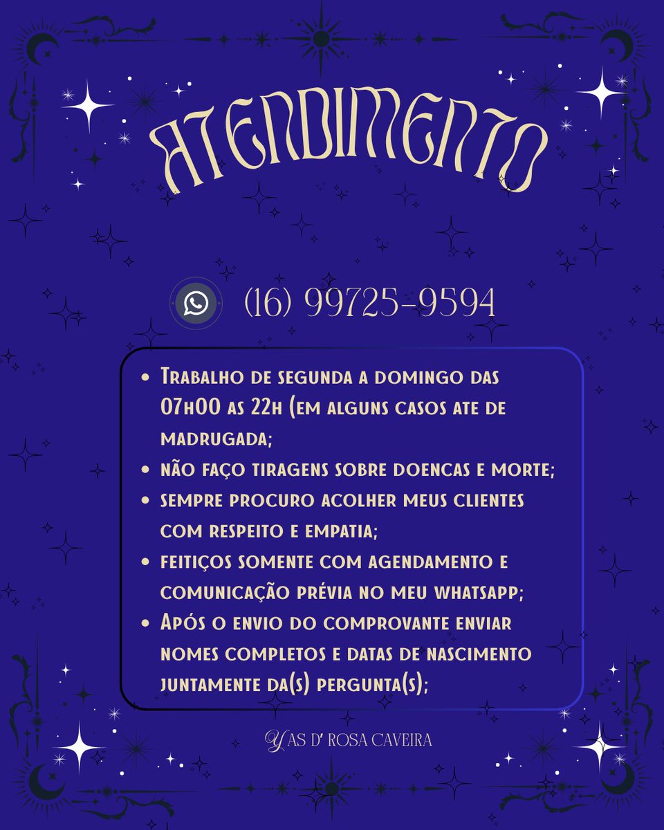 Veu_Arcano's tweet photo. Eai divos(as) como eu havia dito, iria ter uma alteração de valores.

Aos meus consulentes fixos estarei fazendo desconto a depender do método! 

Os de feitiçaria estão prestes a chegar e irei trazer em primeira mão quando eu finalizar o portfólio.
Os valores já estão valendo.
Caso seja necessário atendimento urgente cobro uma taxa de R$ 5 sobre o atendimento desejado.

As Quartas dificilmente vou atender pois preciso fazer trabalhos que exigem MUITO de mim, então quarta fica somente sob agendamento!

Sou sua intermediária entre os dois mundos.
🩵🔮📿