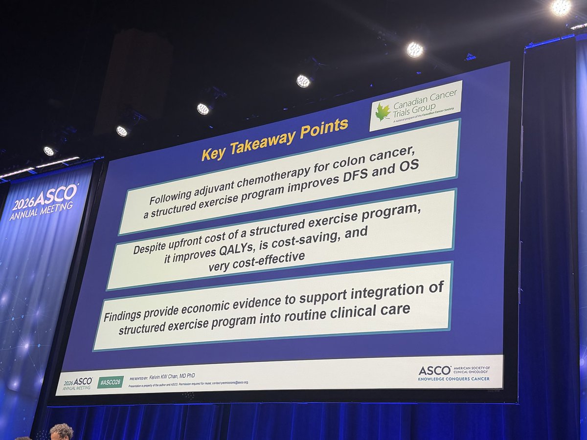 GillSharlene's tweet photo. #ASCO26 @ASCO 
Cost-utility analysis of #CHALLENGE trial of structured #exercise (SEP) after ACT for stage 2-3 colon cancer @CDNCancerTrials 🇨🇦 
📌SEP improves DFS & OS 
➡️ SEP is less costly & more effective ‘Win-Win’ ✅
‼️We need to implement SEP into routine care 💪 #NoExcuses
@JCO_ASCO 
🔗 https://t.co/Anfp1cxnHi
