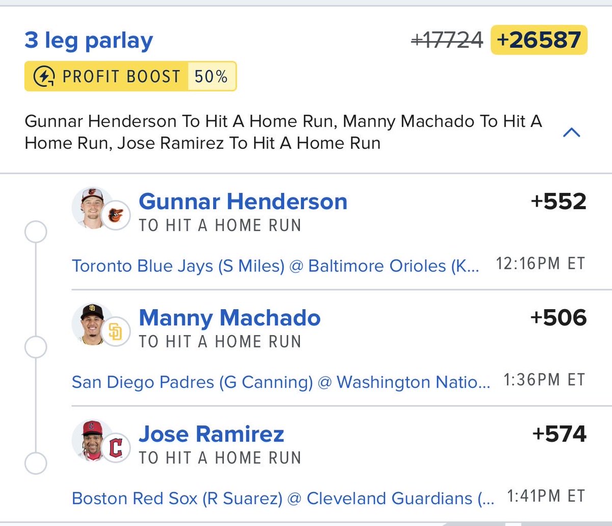 MediumHotCoffee's tweet photo. My 3 targets today

Gunnar Henderson - Orioles 
Manny Machado - Padres
Jose Ramirez - Guardians https://t.co/TGoDevUOzc