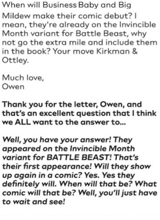 rexRobotConnors's tweet photo. Robert Kirkman and Editor Ben Abernathy hint at the appearance of Business Baby and Big Mildew in Capes! https://t.co/Eh2blmmIJK