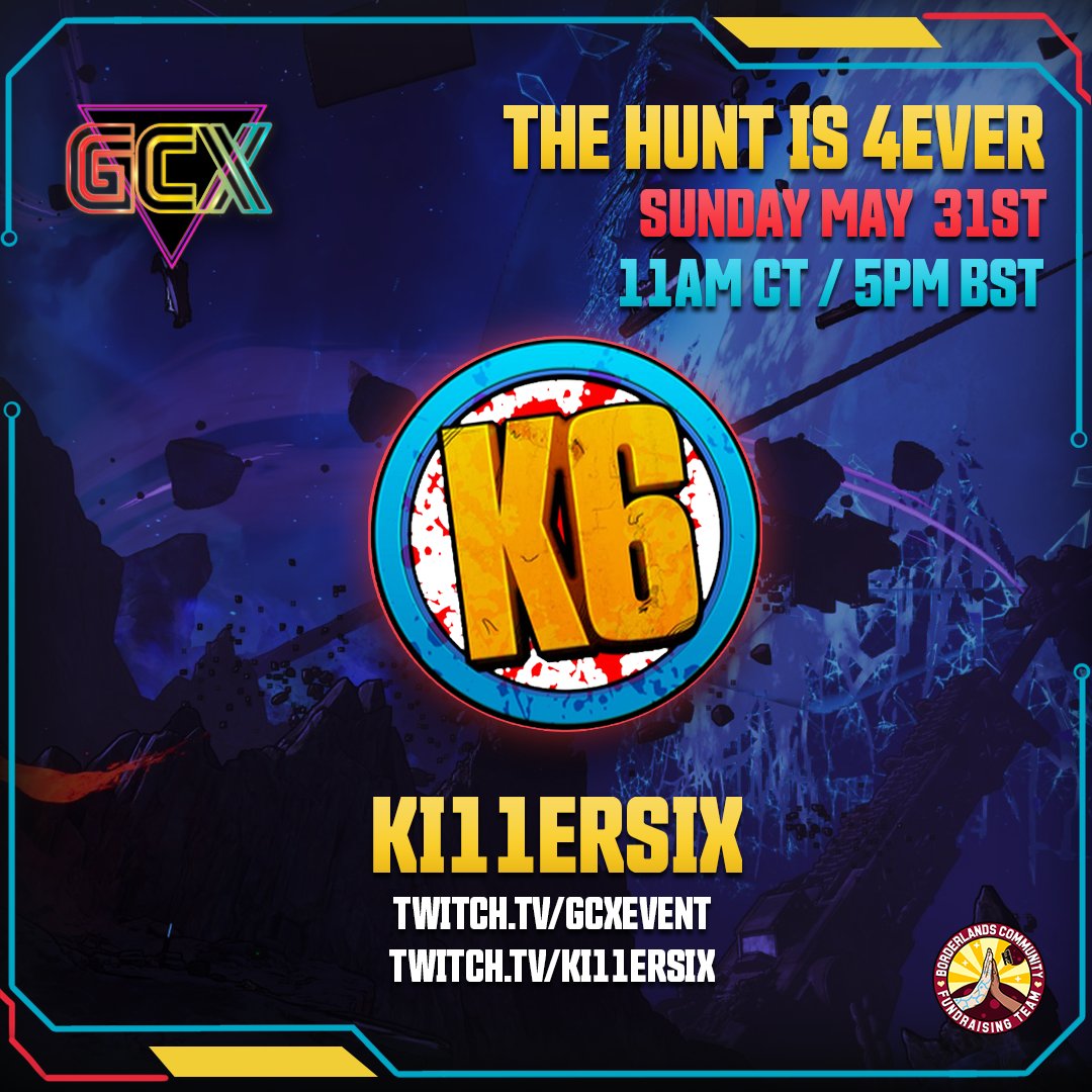Ki11ersix's tweet photo. GOING LIVE in support of @StJudePLAYLIVE 
We're almost at $100,000 Raised AGAIN doing The Hunt @thehuntcharity on #Borderlands4 

I'm LIVE on my own channel AND the @GCXEvent Channel on Twitch. Come hang out and watch chat take away all of my Hunt points for the Kids!! https://t.co/f8Q6j1uBwA