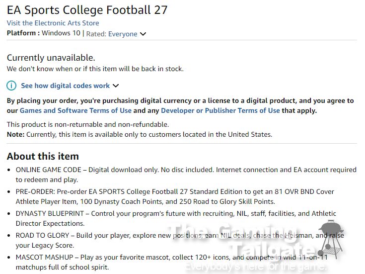 gamingtailgate's tweet photo. 🚨 An Amazon listing for a PC version of College Football 27 is now available &amp; it adds new brief game information. #CFB27

DYNASTY - 'Control NIL, staff, facilities, and Athletic Director Expectations'
ROAD TO GLORY - 'Raise your Legacy Score'

Link: https://t.co/4lw1sfXfJm https://t.co/0O0lDSLb90
