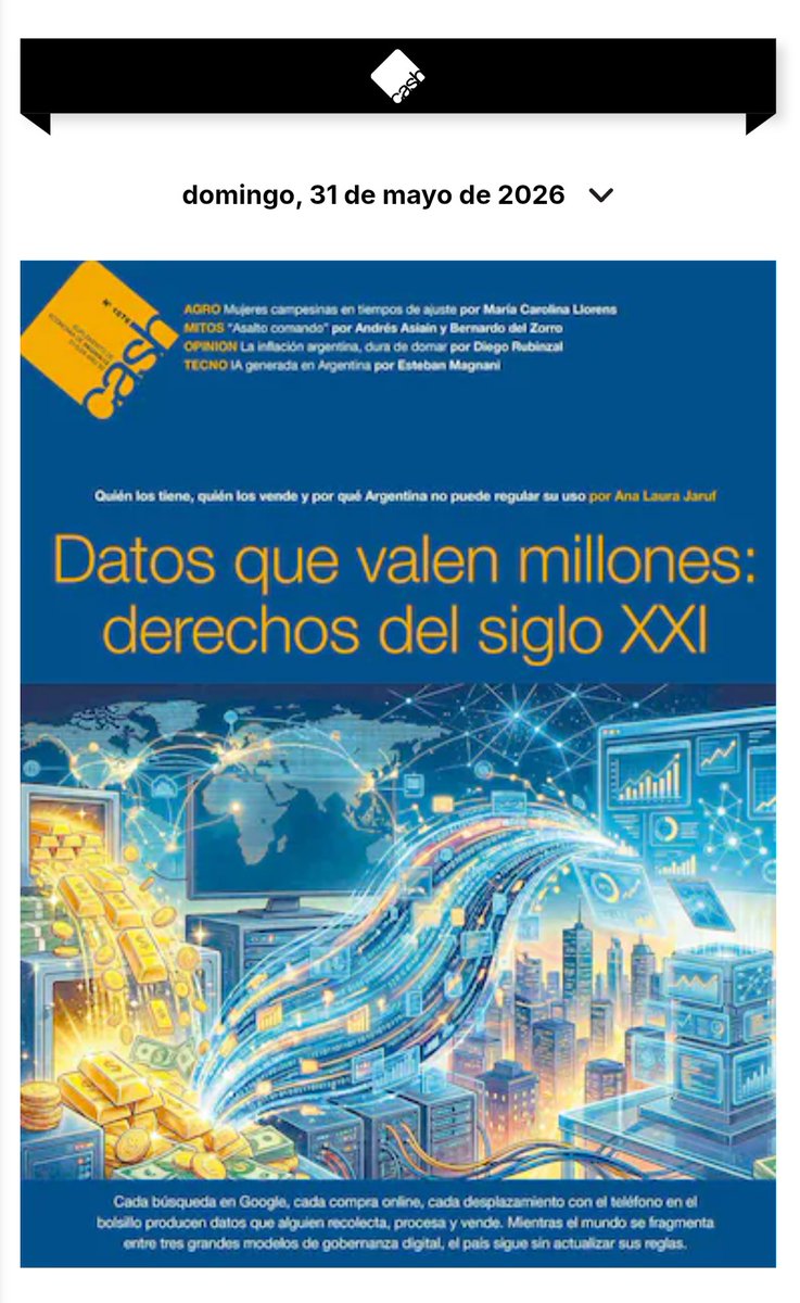 AnaLauraJaruf's tweet photo. Un poco de autobombo: Tapa del Suplemento Cash de este domingo, una nota de mi autoría, debatiendo sobre el mercado de datos: https://t.co/Xbdbann87j https://t.co/X7tDVbV7Dd